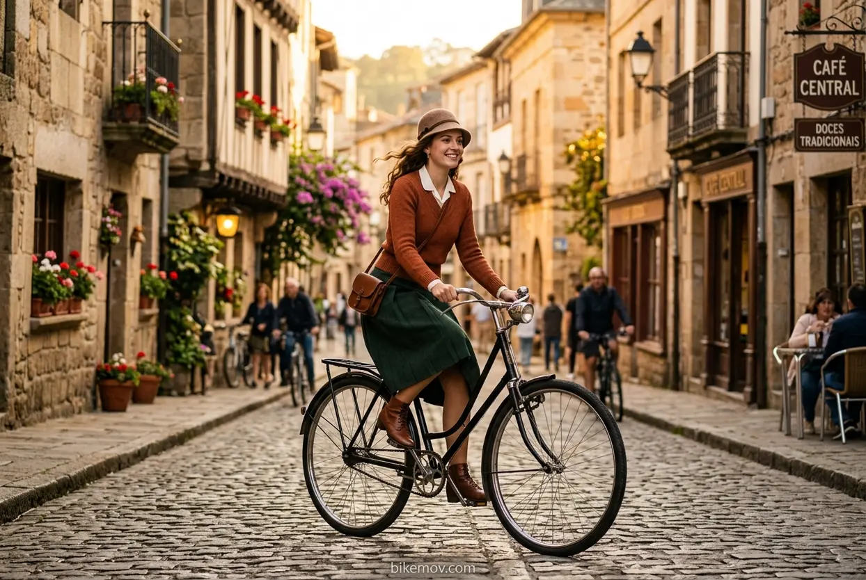 A Bicicleta de Segurança em Ação Mulher em bicicleta de segurança, marco da história da bicicleta.