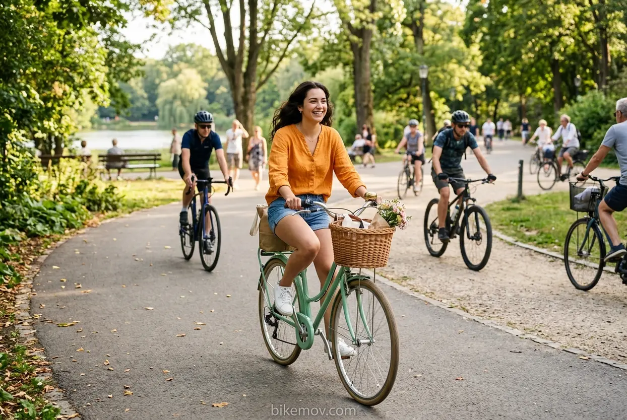 Alegria em Duas Rodas Mulher pedalando bicicleta vintage em parque.