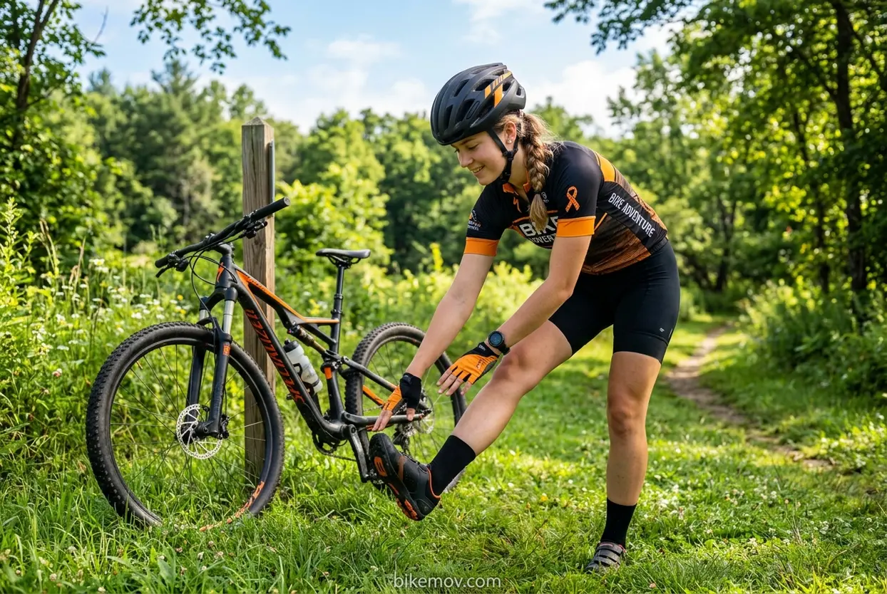Alongamento antes da trilha de bicicleta Mulher se alongando para trilha de bicicleta