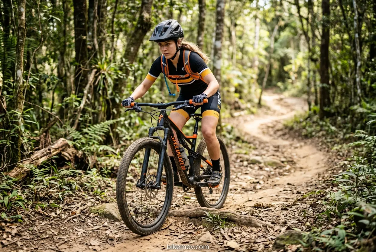 Aprendendo técnicas de pilotagem em trilha Primeira trilha de bicicleta, mulher pilotando