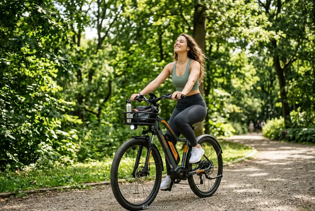Bem-Estar com Bicicleta Elétrica Mulher em bicicleta elétrica em um parque, respirando ar puro.