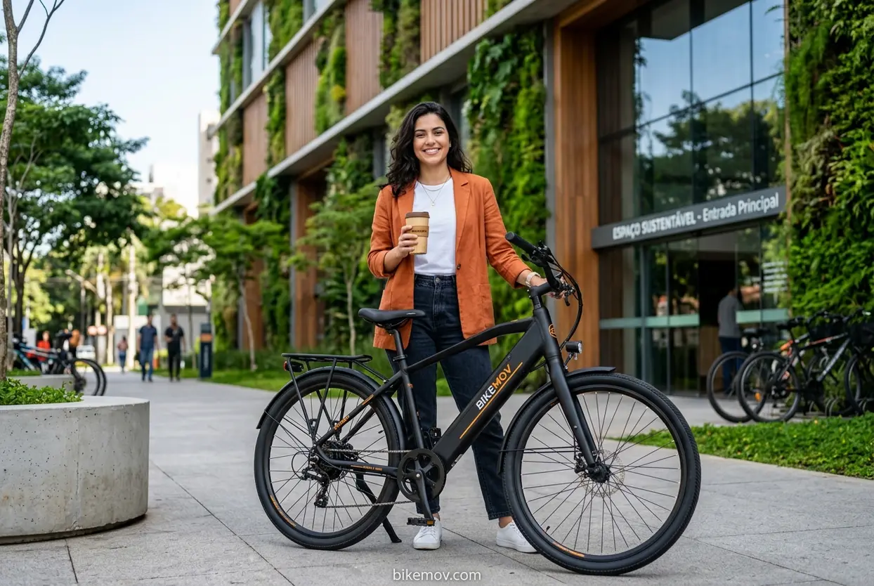Bike Elétrica: Economia e Sustentabilidade Mulher com bike elétrica, símbolo de economia e transporte sustentável.