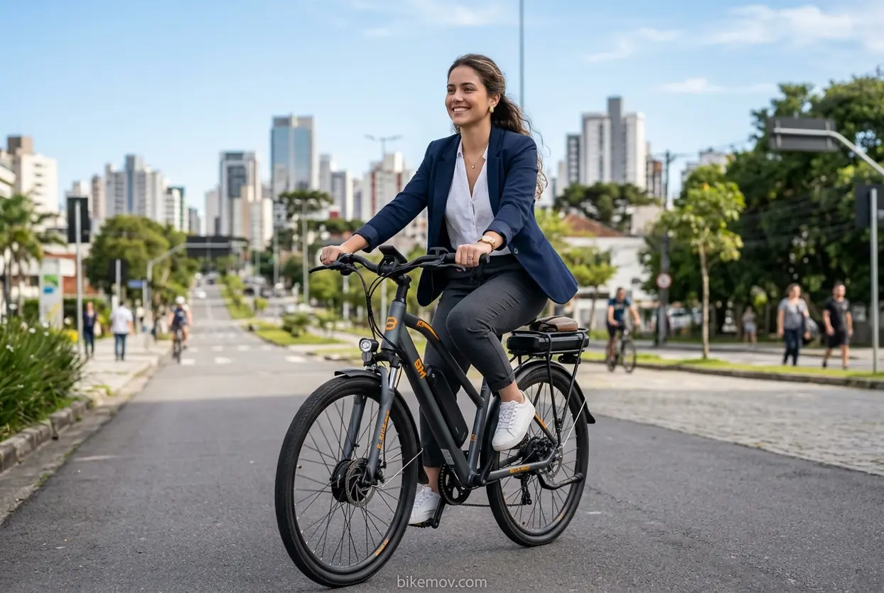 Bike Elétrica Subindo Ladeira com Facilidade Mulher em bike elétrica subindo ladeira, demonstrando as vantagens do uso diário.