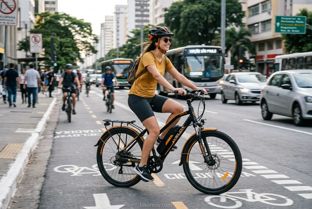 Bike Elétrica Urbana Mulher em bike elétrica urbana na cidade