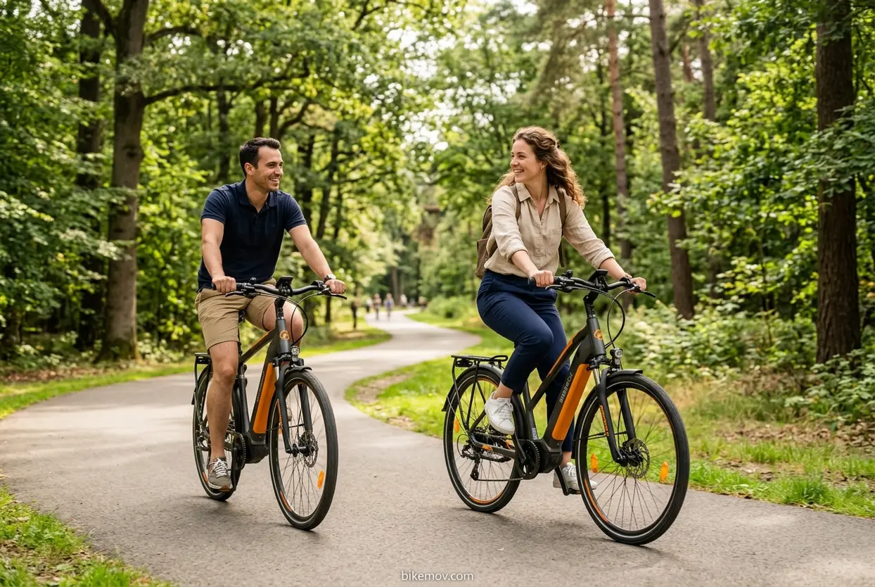 Casal aproveitando a facilidade da e-bike Casal pedalando bicicletas elétricas em parque