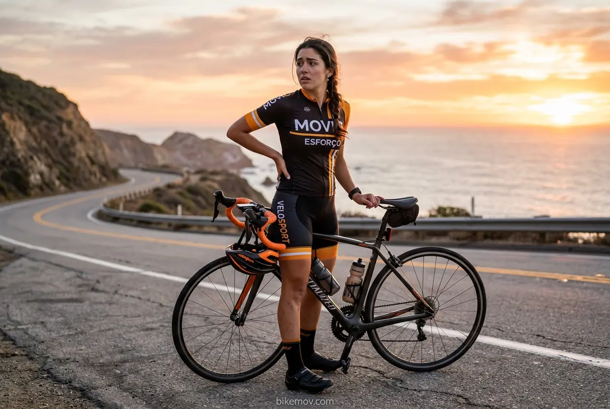 Ciclista feminina com dor nas costas ao pedalar