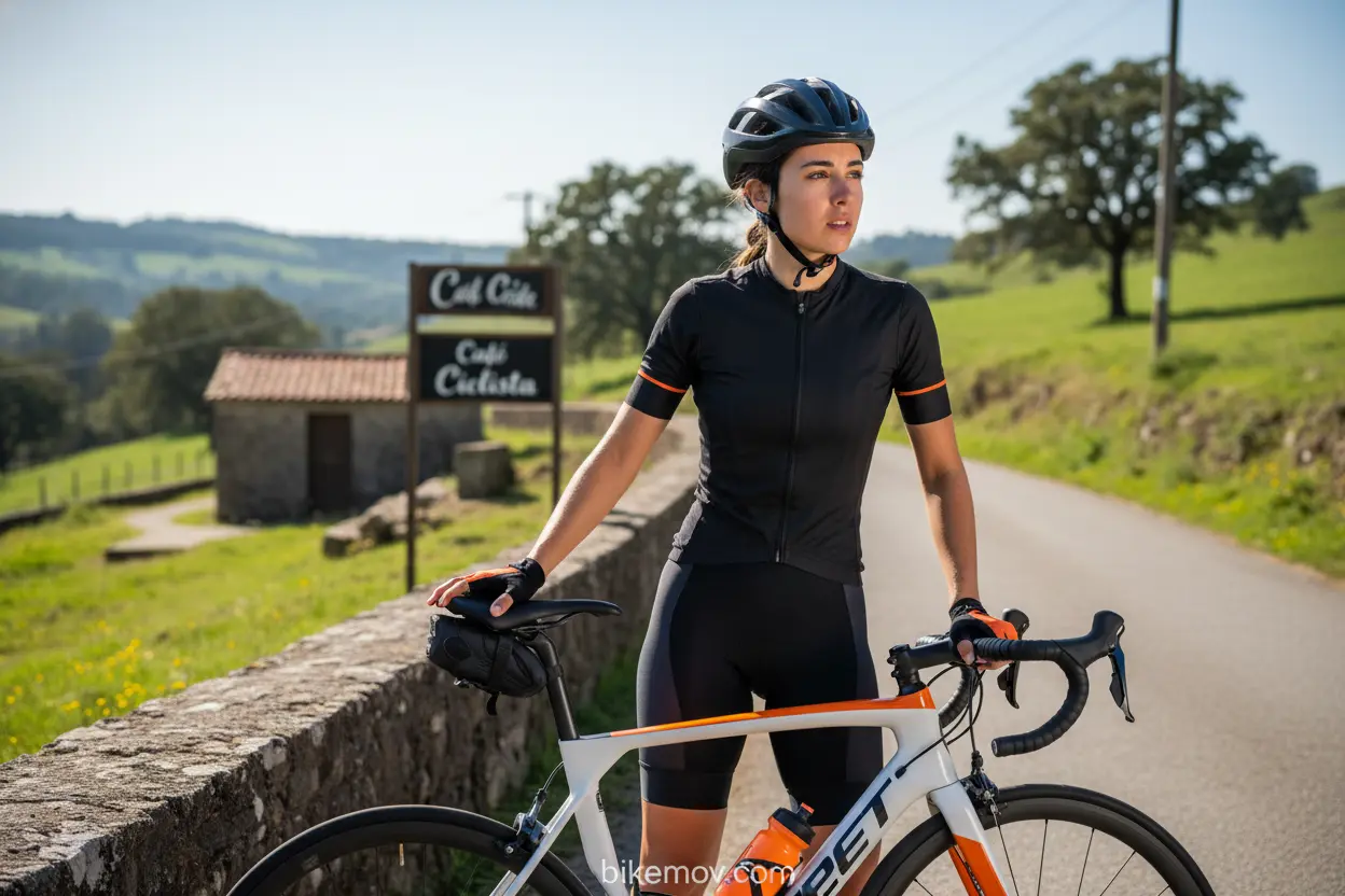 Mulher ciclista com expressão de dor no selim da bicicleta