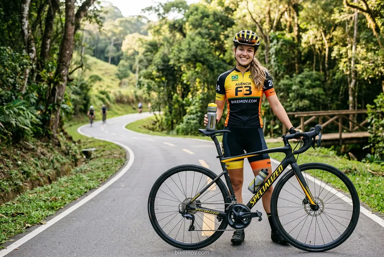 Mulher ciclista com capacete, luvas e bicicleta, pronta para o pedal.