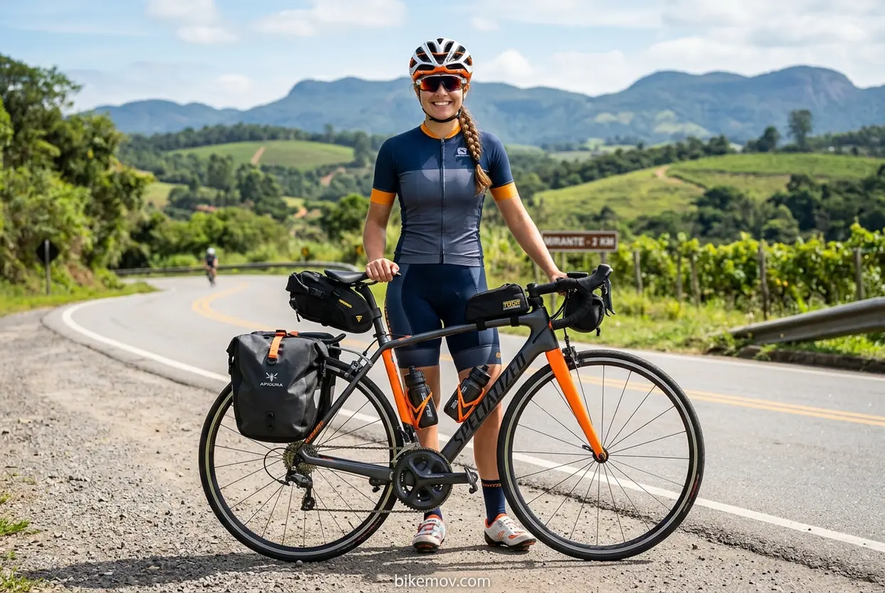 Mulher ciclista com sua bicicleta preparada para viagens curtas