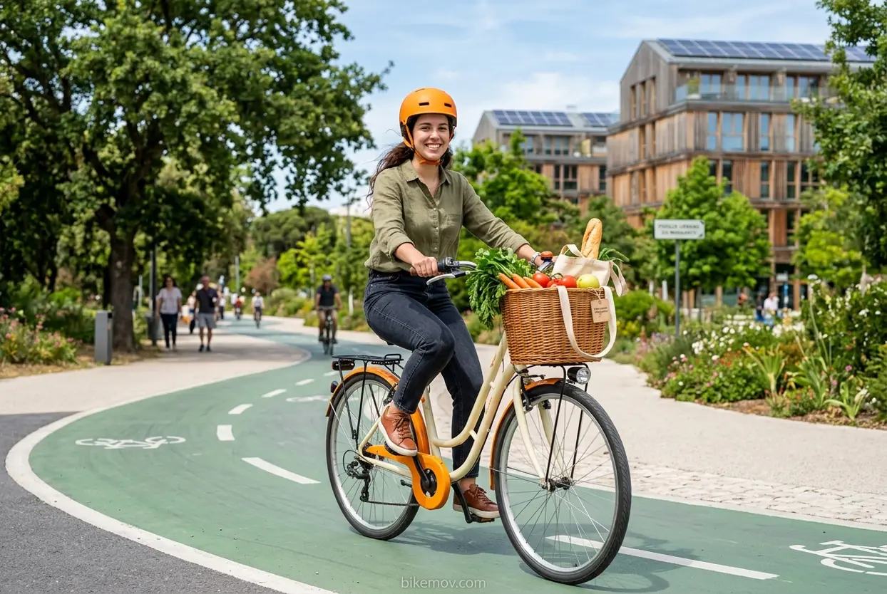 Mulher de bicicleta em parque urbano, promovendo sustentabilidade.