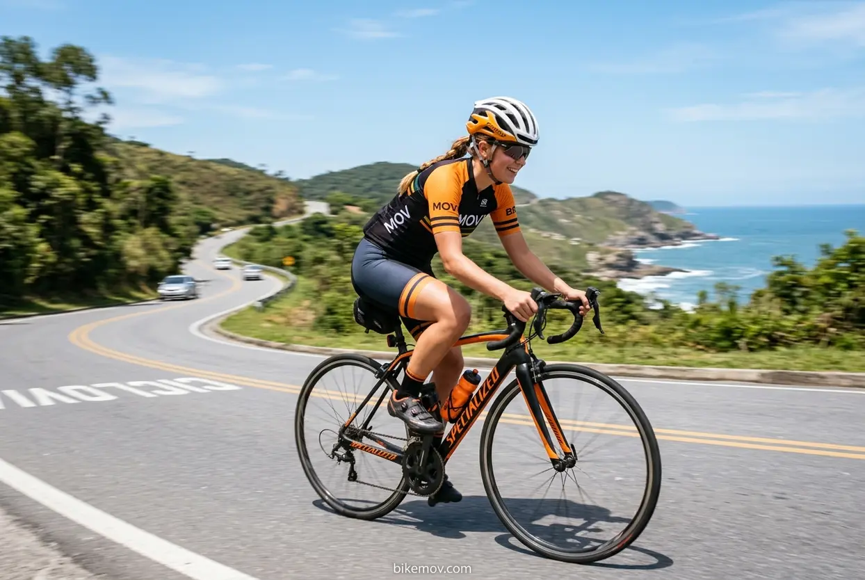 Conforto no Ciclismo Ciclista feminina usando roupas de ciclismo confortáveis e sapatilhas.
