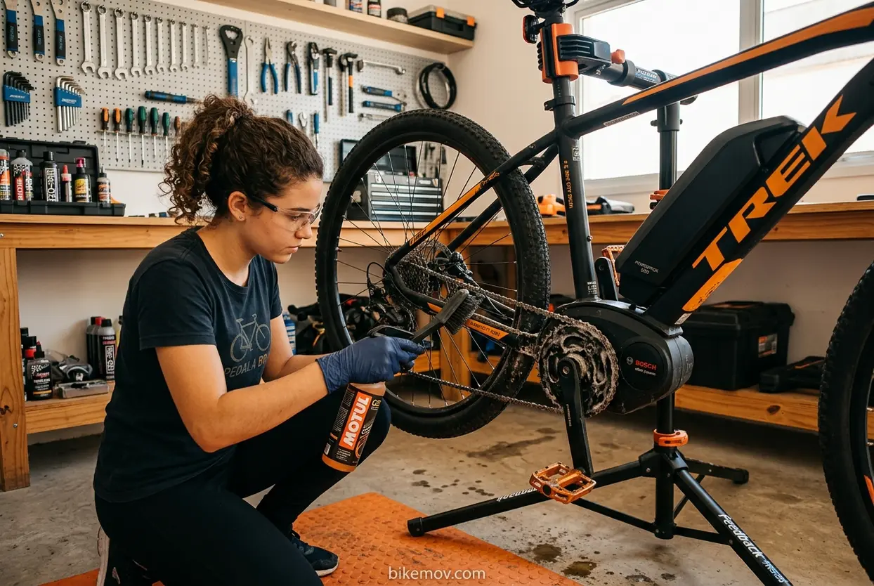 Cuidados Essenciais Bike Elétrica Mulher limpando a corrente de uma bicicleta elétrica.