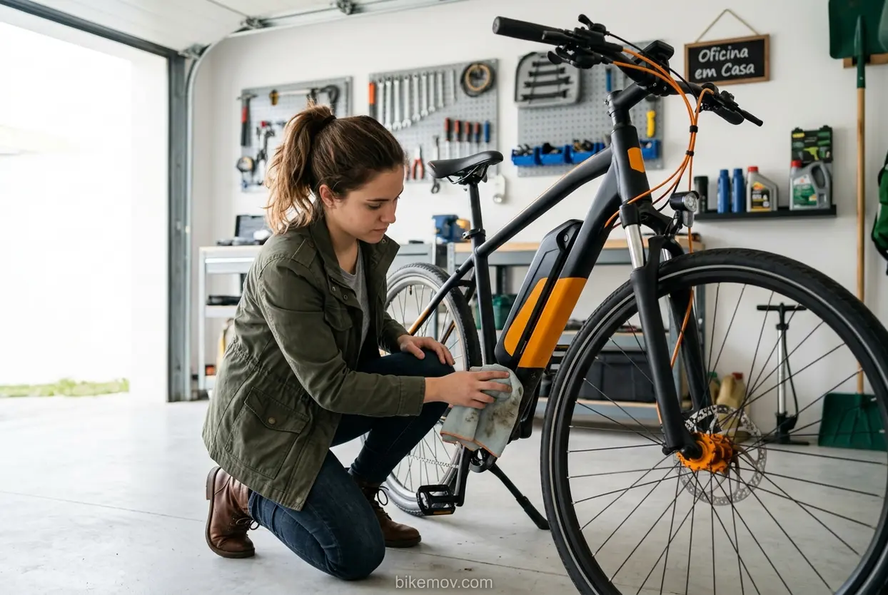 Cuidados essenciais com sua e-bike Mulher cuidando da manutenção de sua bike elétrica