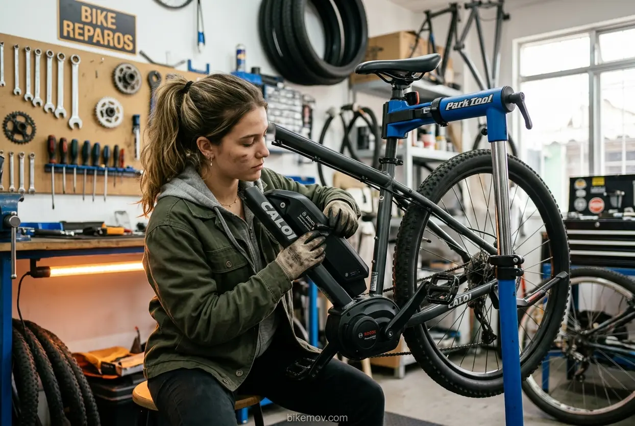 Cuidando da Bateria da E-Bike Mulher verificando bateria de bicicleta elétrica