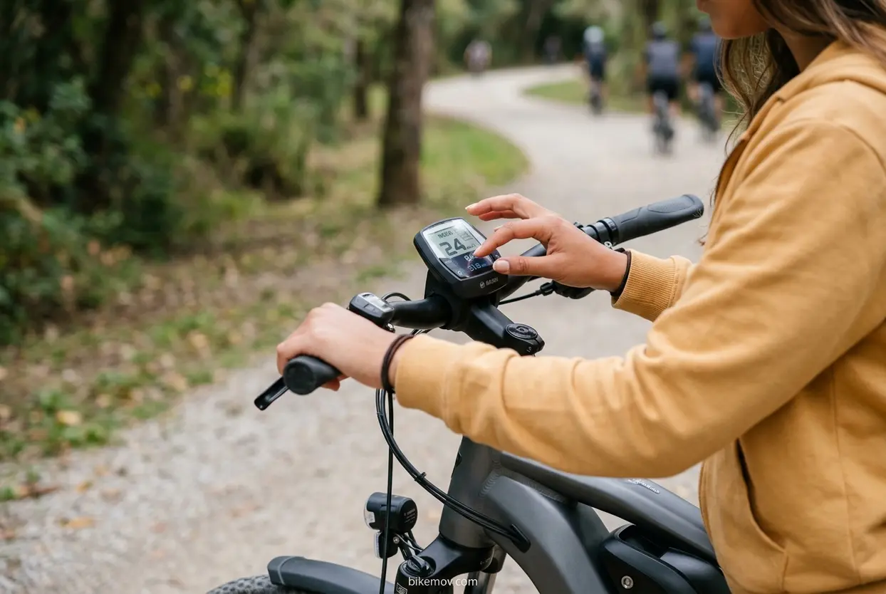 Detalhes do motor e bateria da e-bike Mulher ajustando display de bicicleta elétrica