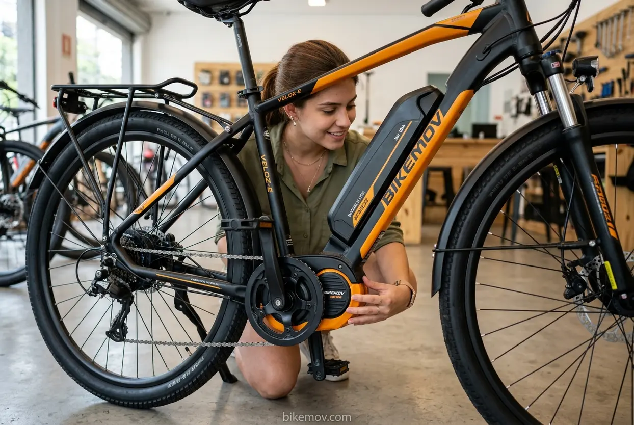 Detalhes dos componentes da e-bike Mulher observando os componentes da bike elétrica