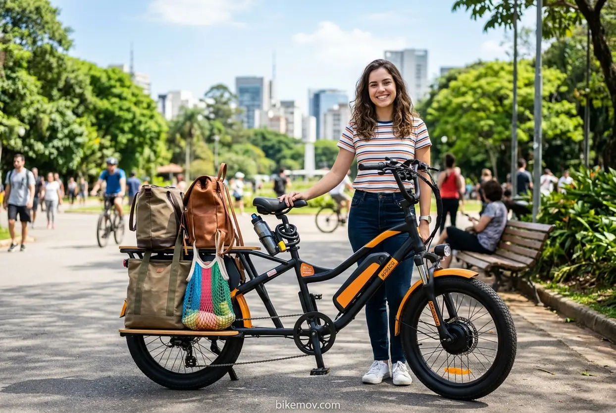 Escolha Sua E-Bike Ideal Mulher ao lado de uma e-bike cargo, representando a variedade de modelos de bicicletas elétricas.