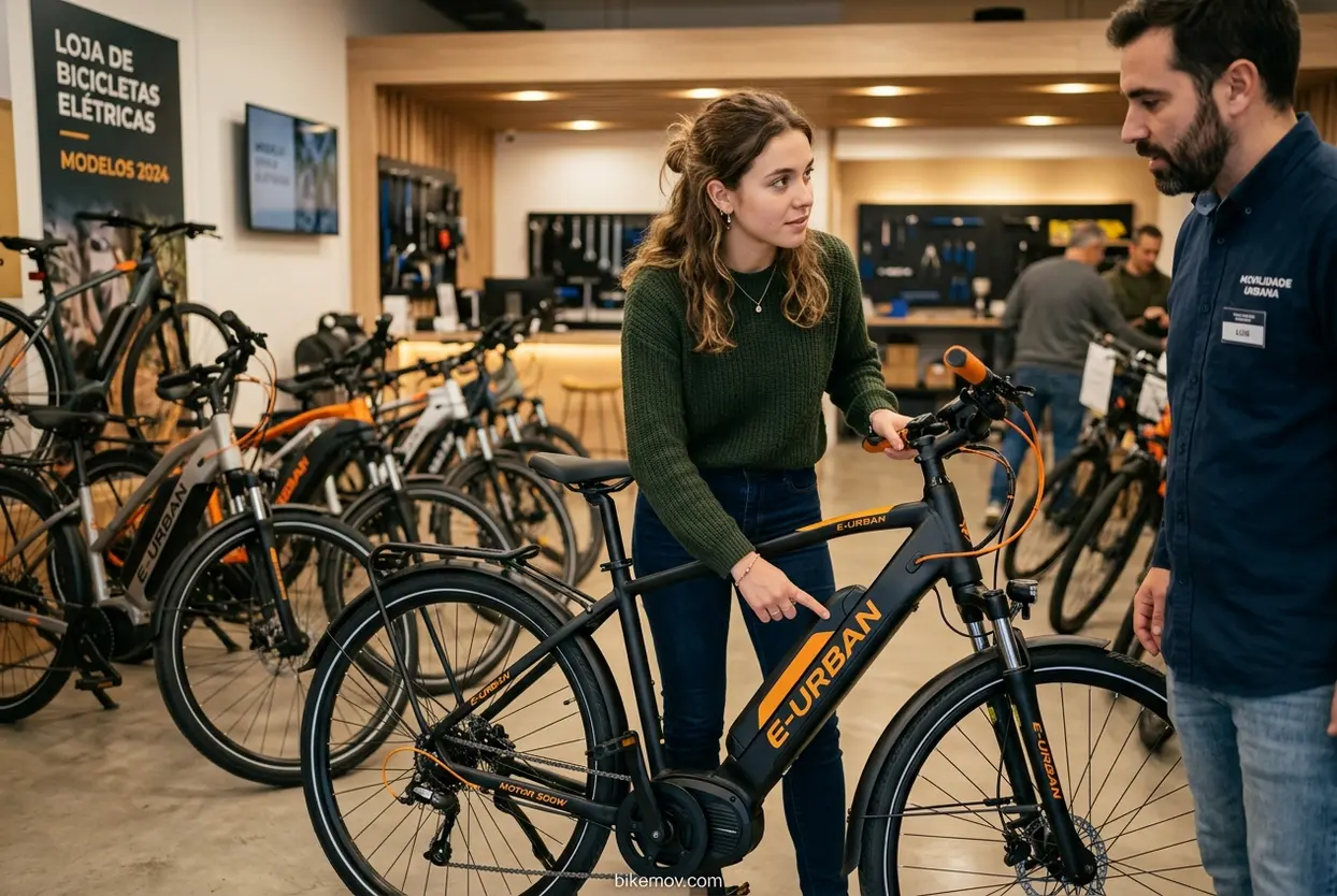 Escolhendo a bicicleta elétrica perfeita Mulher escolhendo bicicleta elétrica em loja