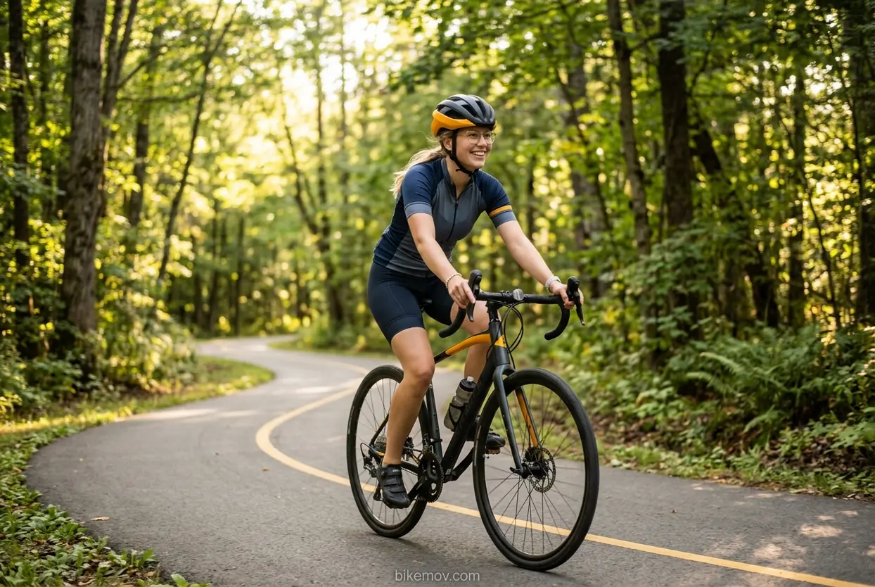 Ganhando Confiança na Bicicleta Mulher confiante pedalando sua bicicleta em um caminho arborizado.