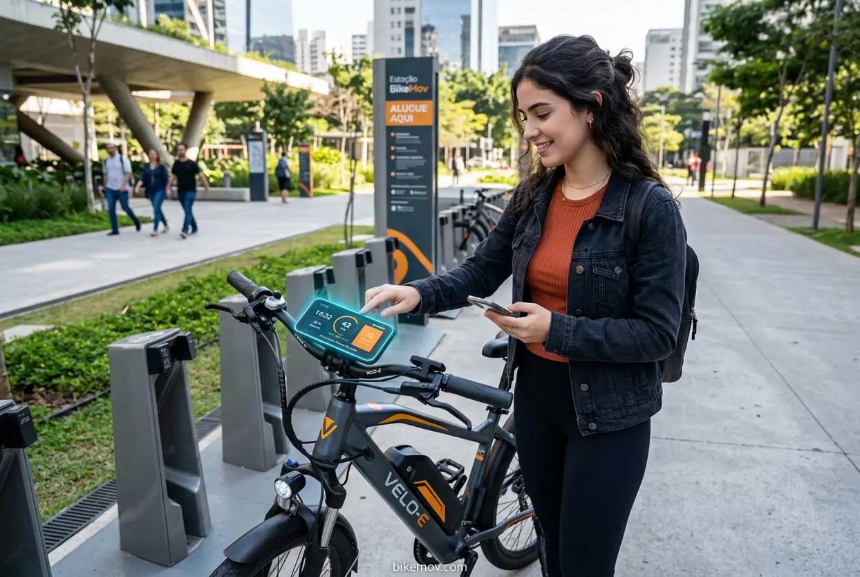 Inovação no Ciclismo Urbano Mulher com bicicleta elétrica e inovações tecnológicas.