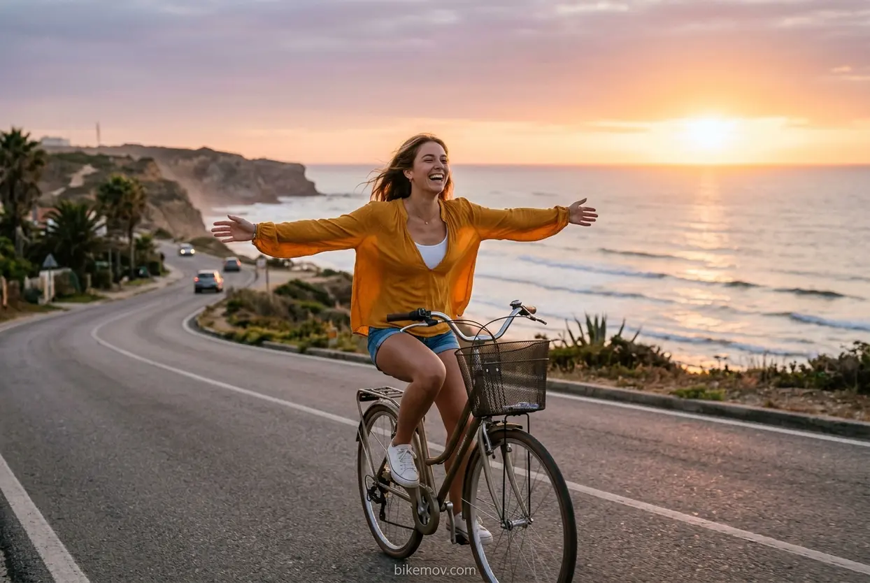 Liberdade e Bem-Estar no Ciclismo Ciclista feminina experimentando a liberdade e o bem-estar ao pedalar na costa.