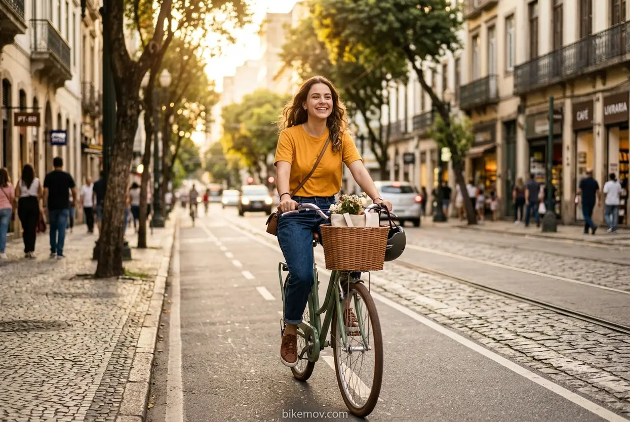 Mulher sorrindo em bicicleta urbana,