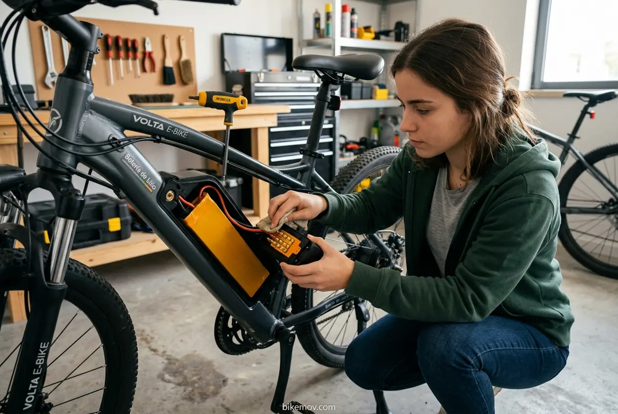 Manutenção da Bike Elétrica: Cuidado Essencial Mulher cuidando da bike eletrica como transporte sustentavel, verificando a bateria.