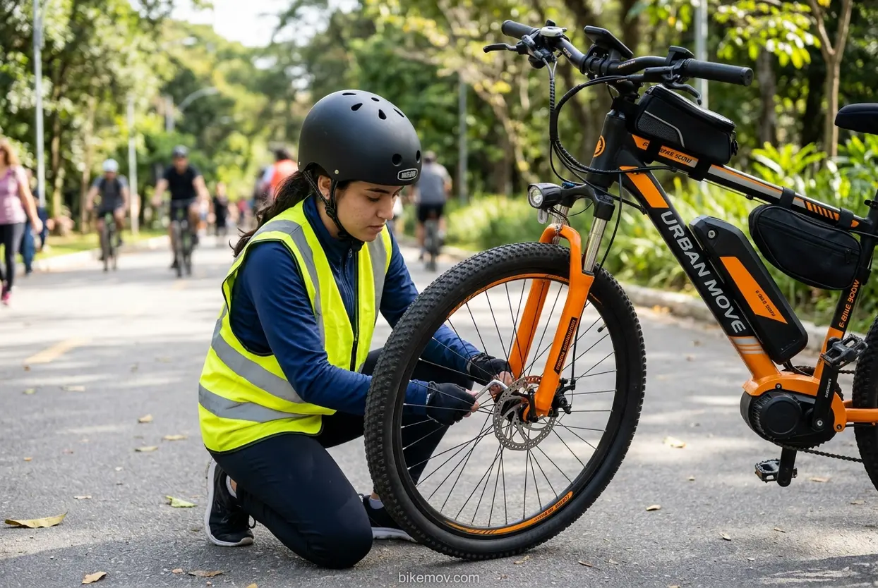 Manutenção e Segurança da E-Bike Mulher fazendo manutenção em sua bike elétrica.