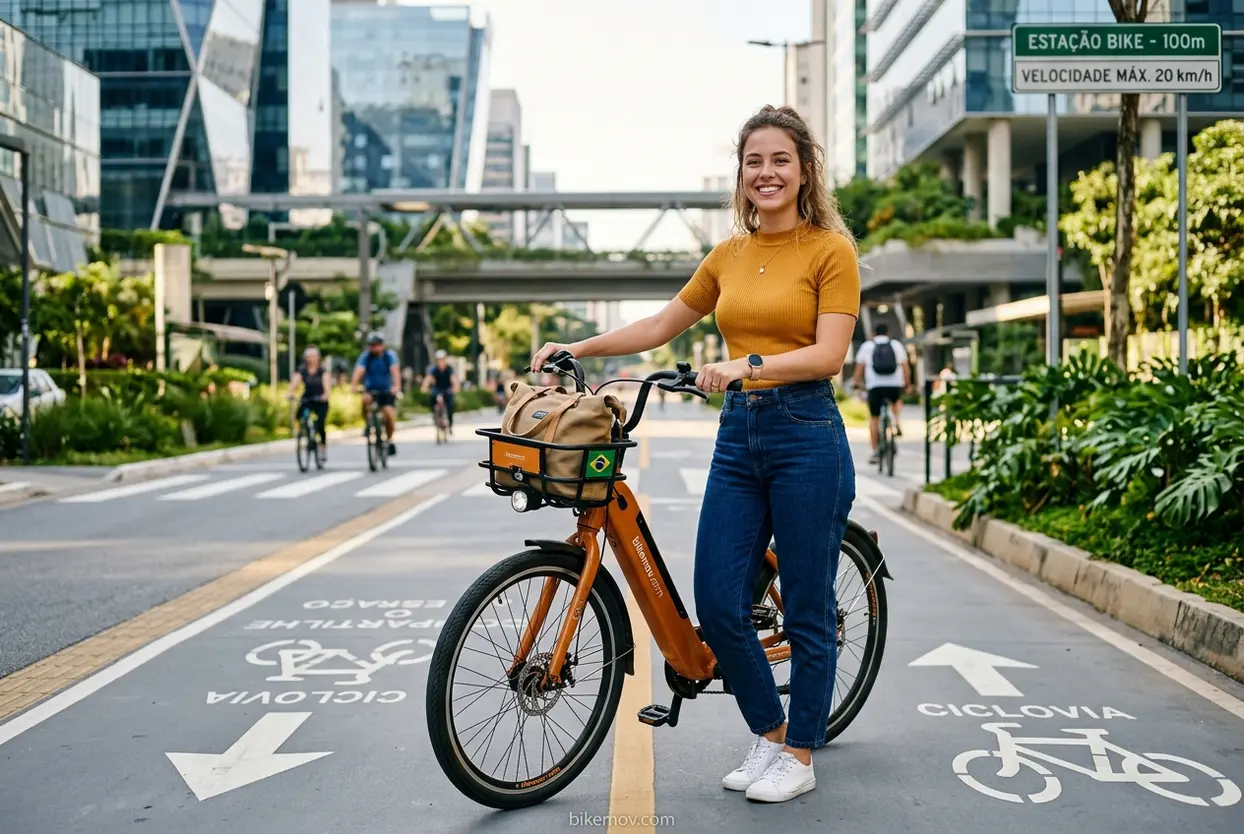 Jovem mulher em bicicleta moderna em cidade futurista.