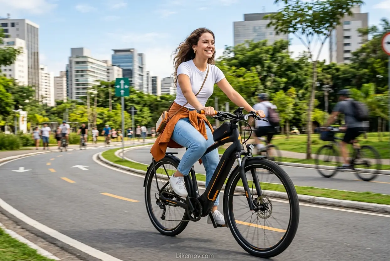 Mulher jovem feliz pedalando uma bike elétrica em ambiente urbano.