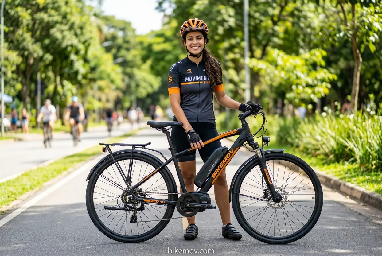 Mulher ciclista verificando a bateria da bicicleta elétrica
