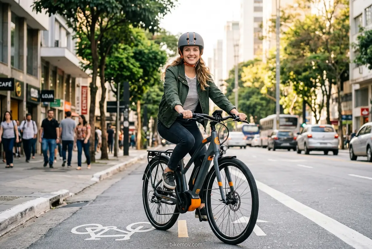 Mulher jovem pedalando bicicleta elétrica na cidade