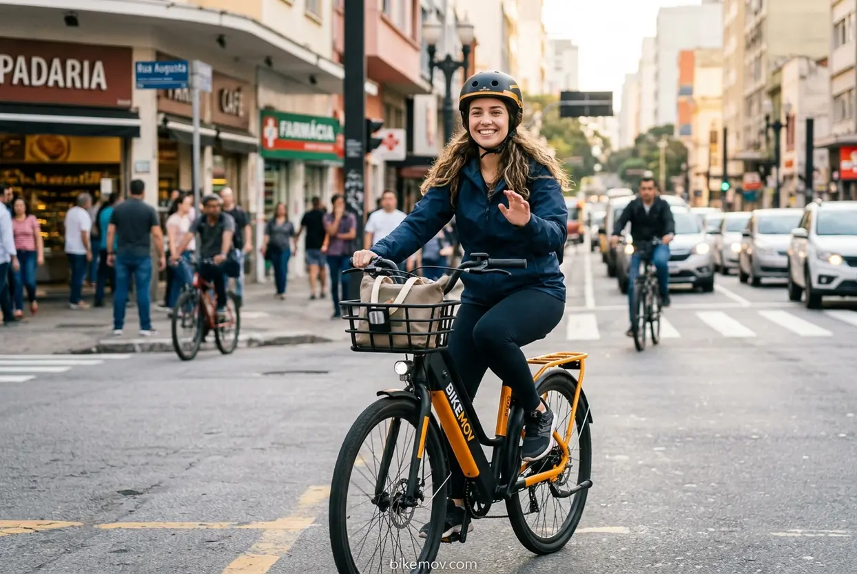 Mulher feliz pedalando uma bicicleta elétrica urbana.