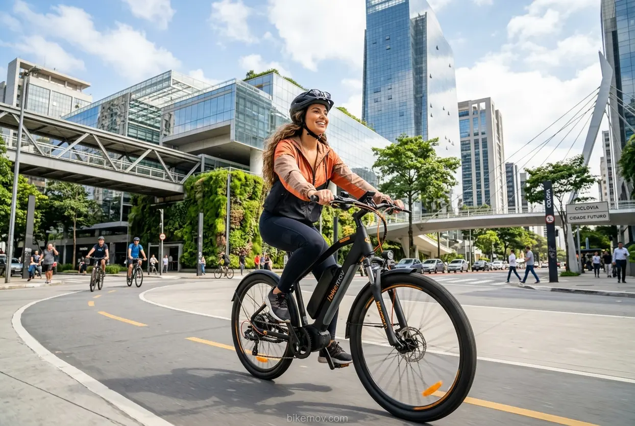 Mulher jovem sorrindo em bicicleta elétrica moderna