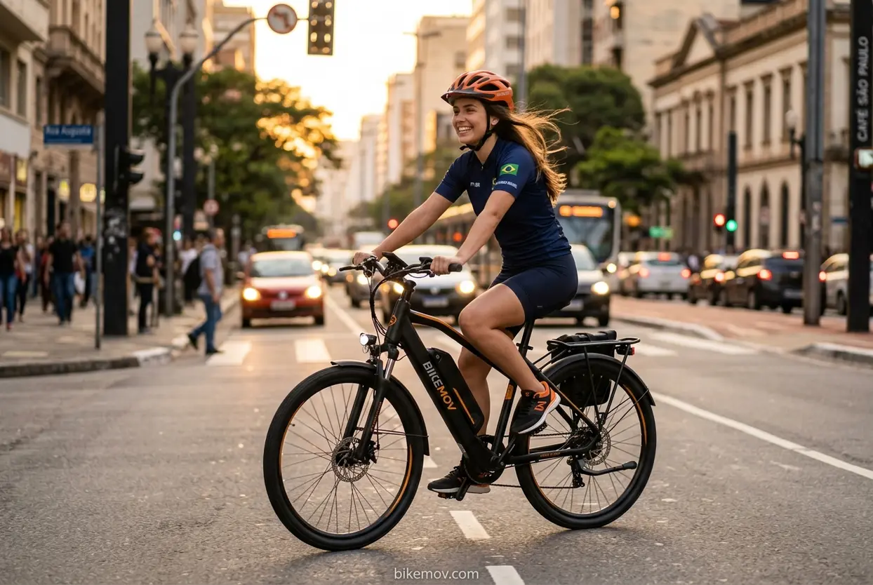 Mulher jovem pedalando bicicleta elétrica na cidade