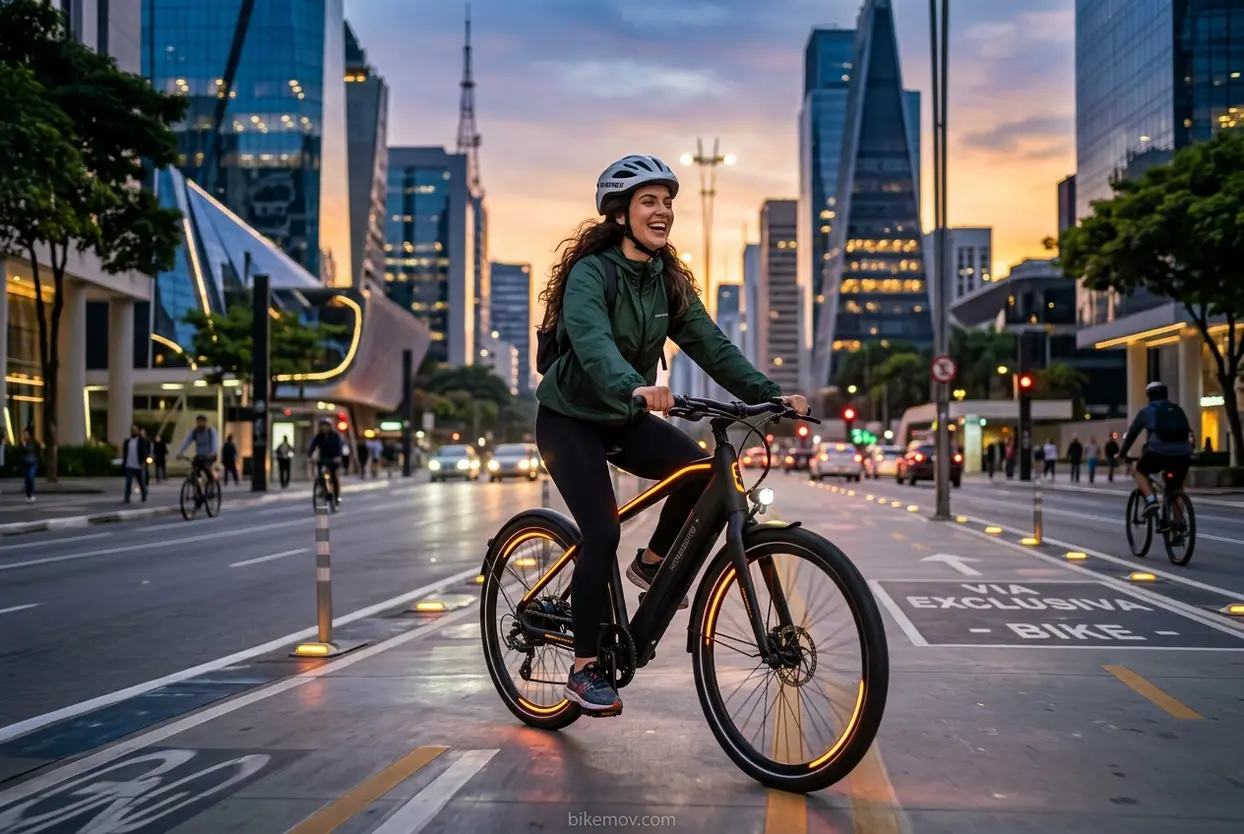 Mulher jovem e bonita em uma bike elétrica moderna, o futuro das bikes eletricas.
