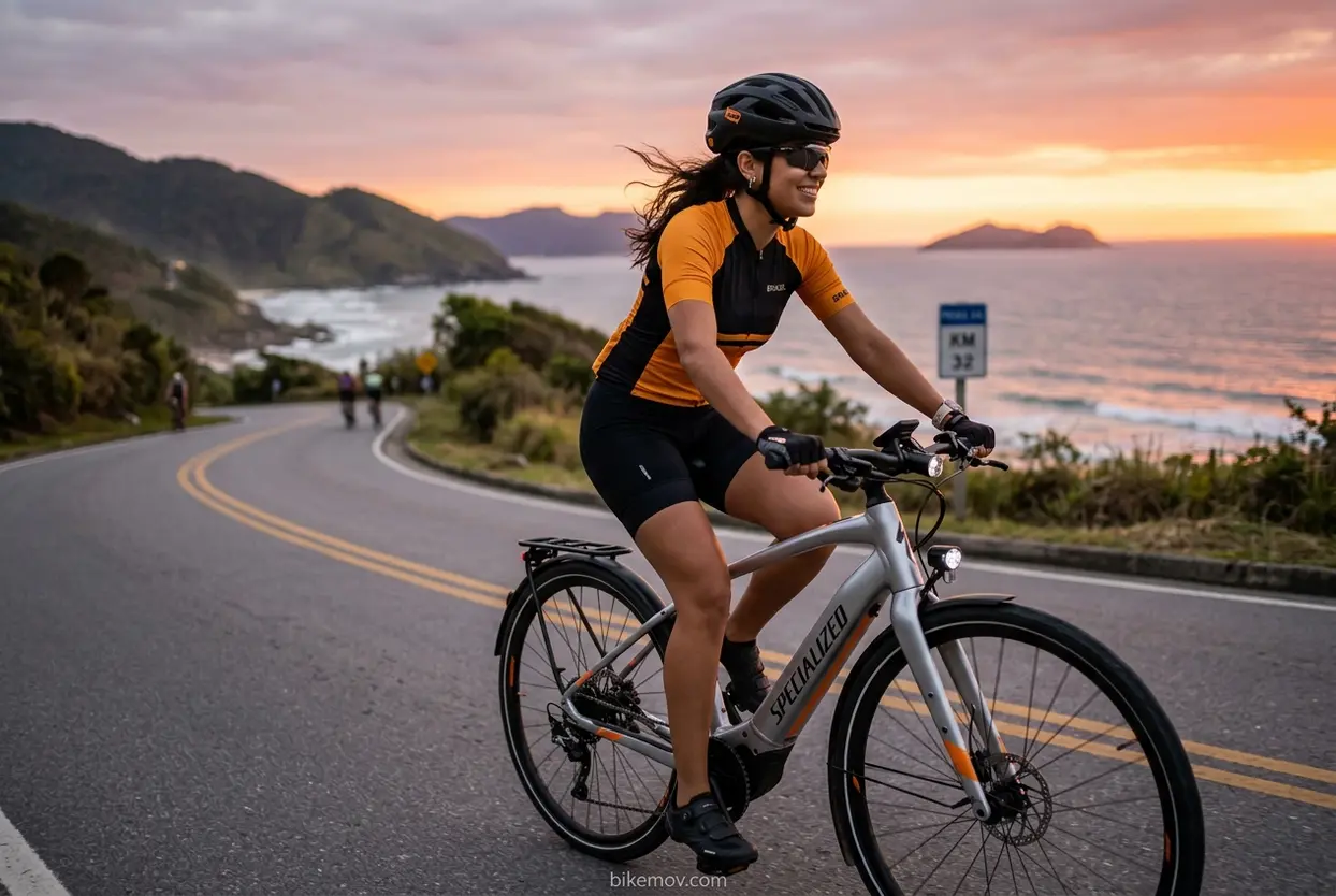 Mulher feliz pedalando bicicleta elétrica moderna