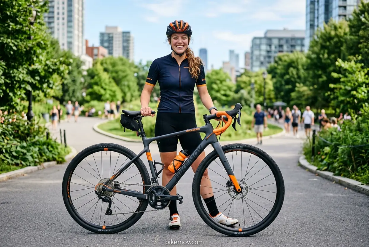 Mulher sorrindo com bicicleta nova