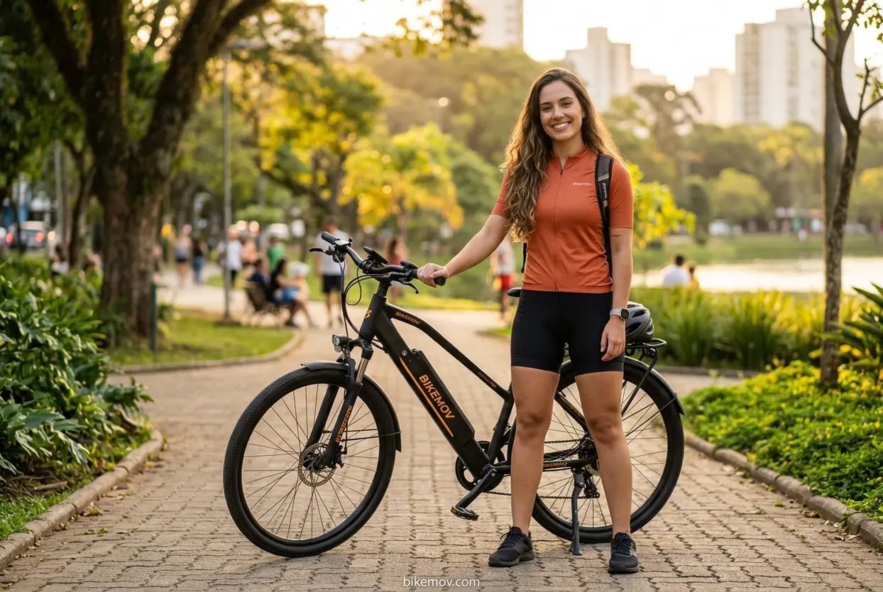 Mulher sorrindo com sua primeira bike elétrica em um parque