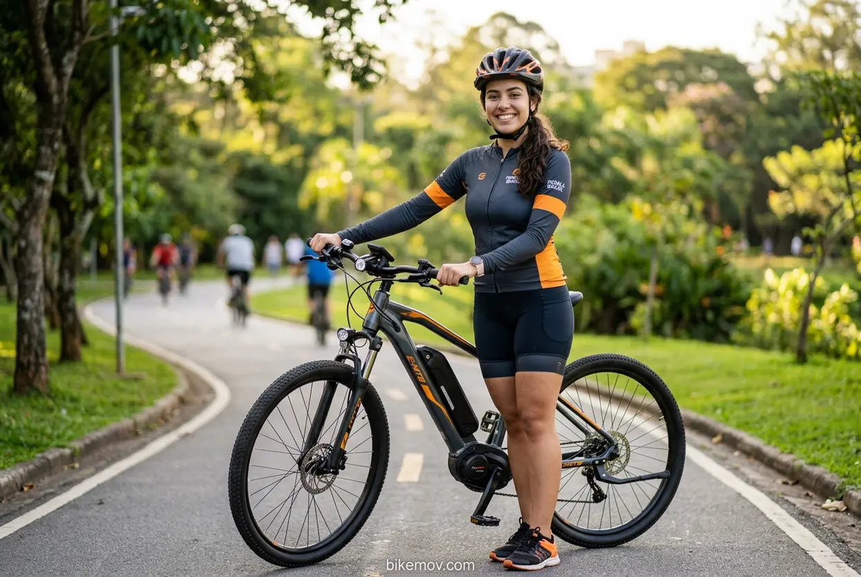 Mulher sorrindo com sua bicicleta elétrica nova