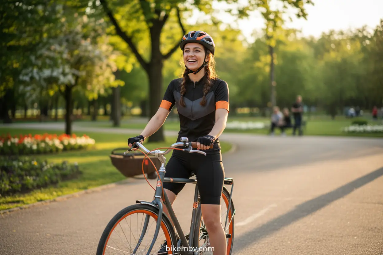 Mulher sorrindo em sua primeira bicicleta