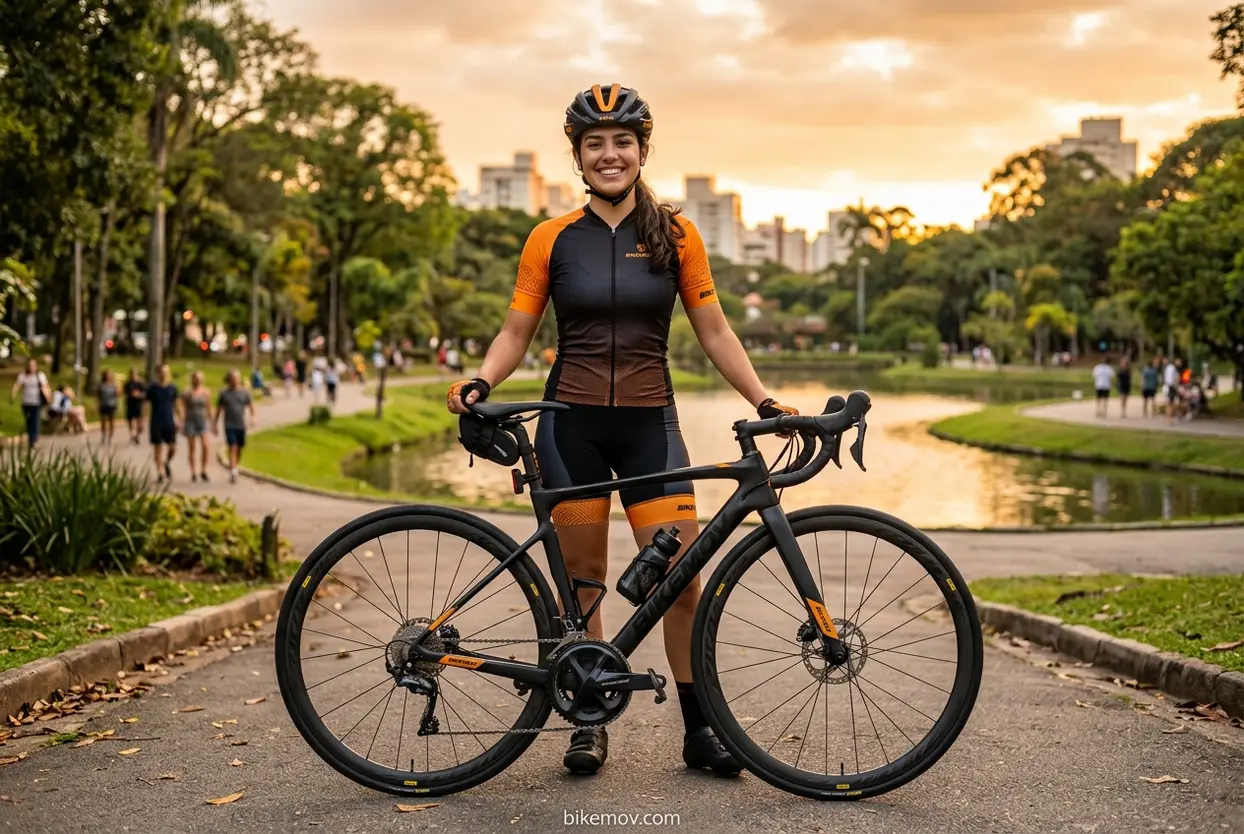 Mulher sorrindo com sua primeira bicicleta