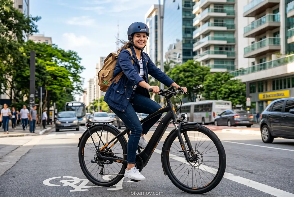 Mulher sorrindo em bicicleta elétrica para ir ao trabalho