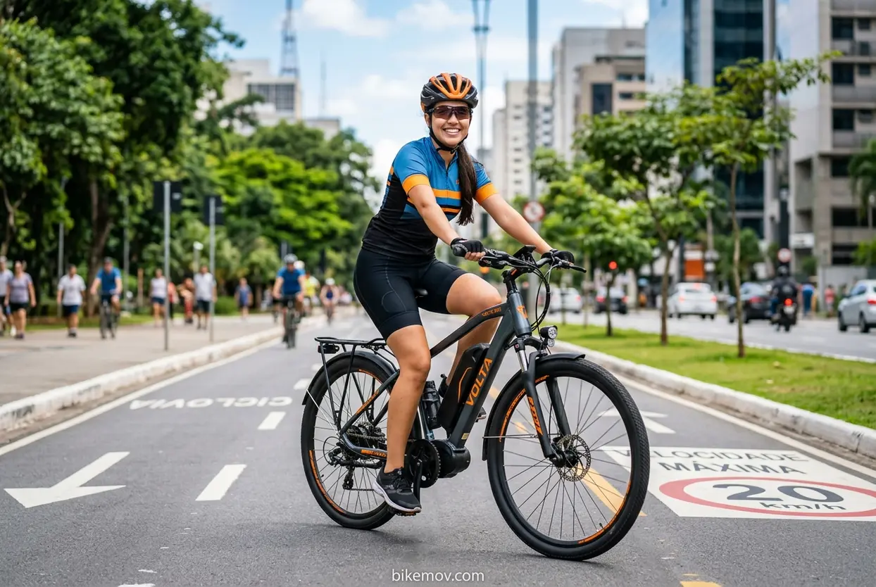 Mulher jovem e feliz pedalando uma bicicleta elétrica moderna.