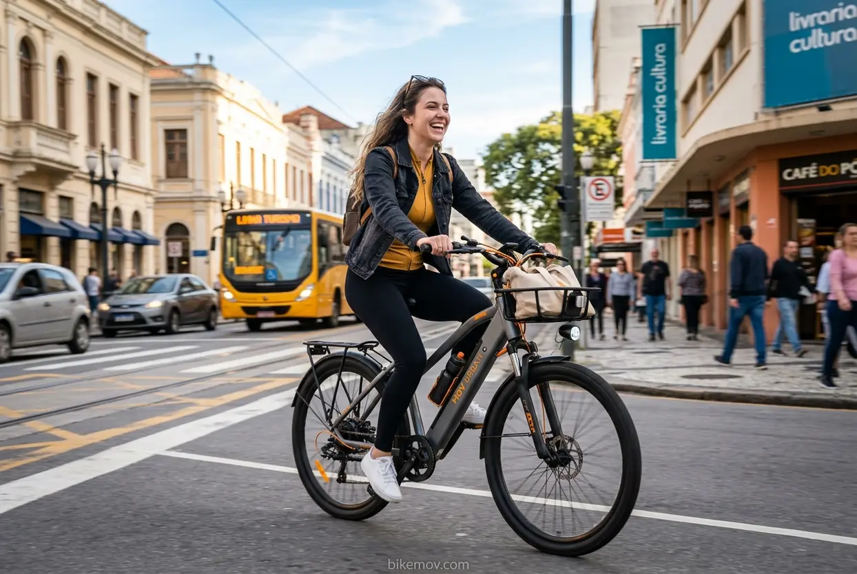 Mulher jovem pedalando uma bike elétrica urbana com um sorriso.