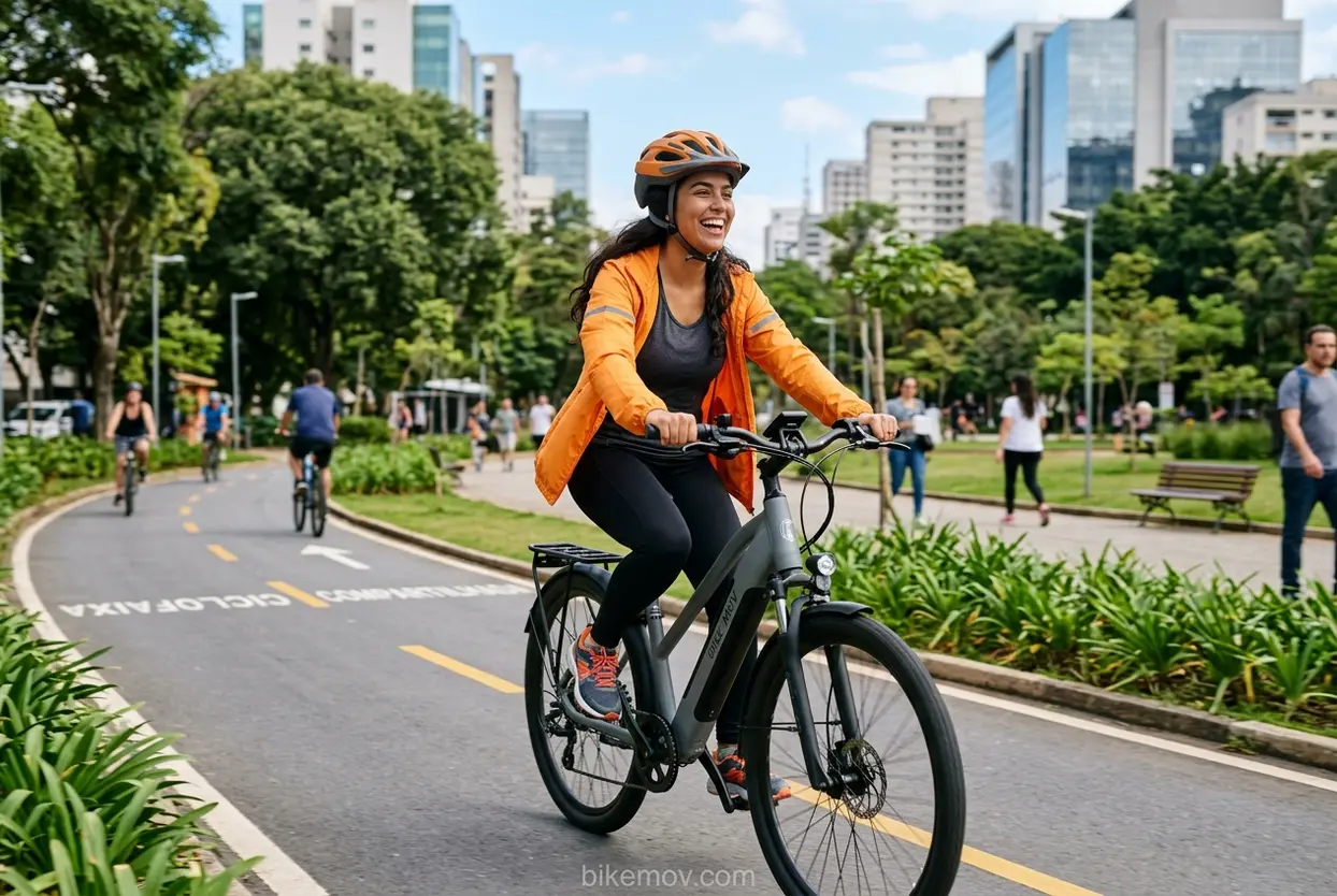 Mulher sorrindo em bike elétrica