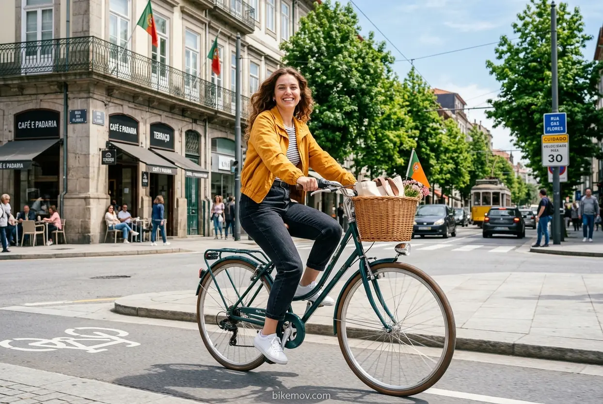 Mulher jovem sorrindo em bicicleta urbana
