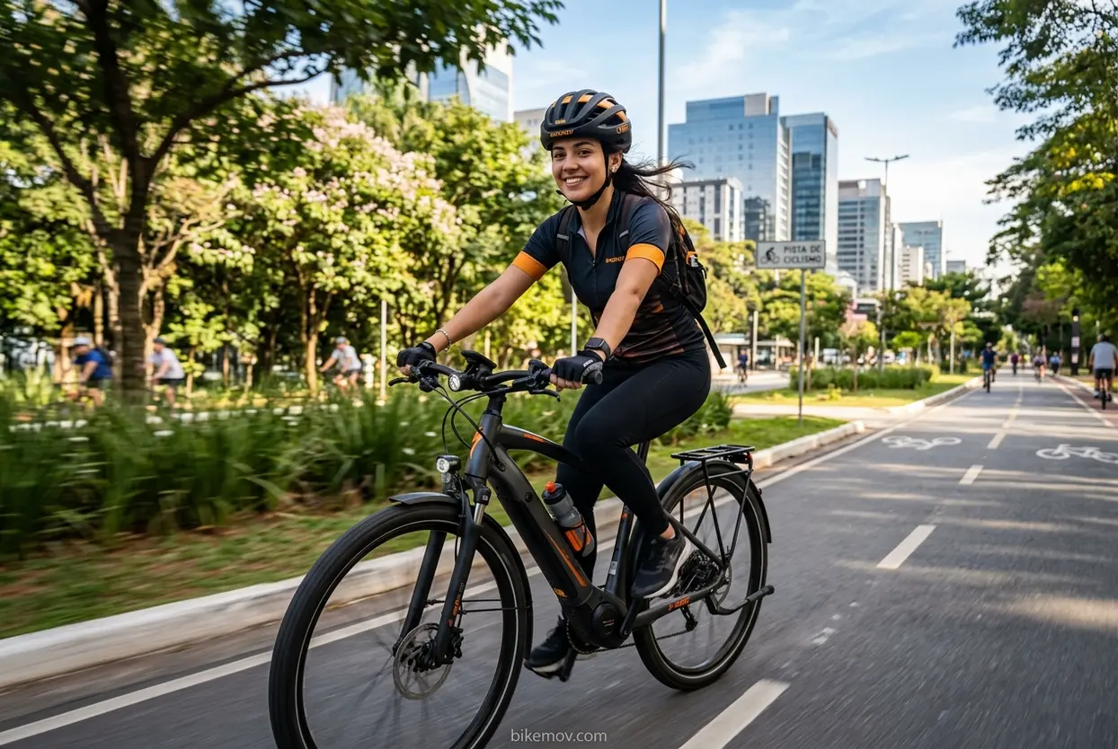 Mulher jovem e bonita pedalando uma bicicleta elétrica na cidade.