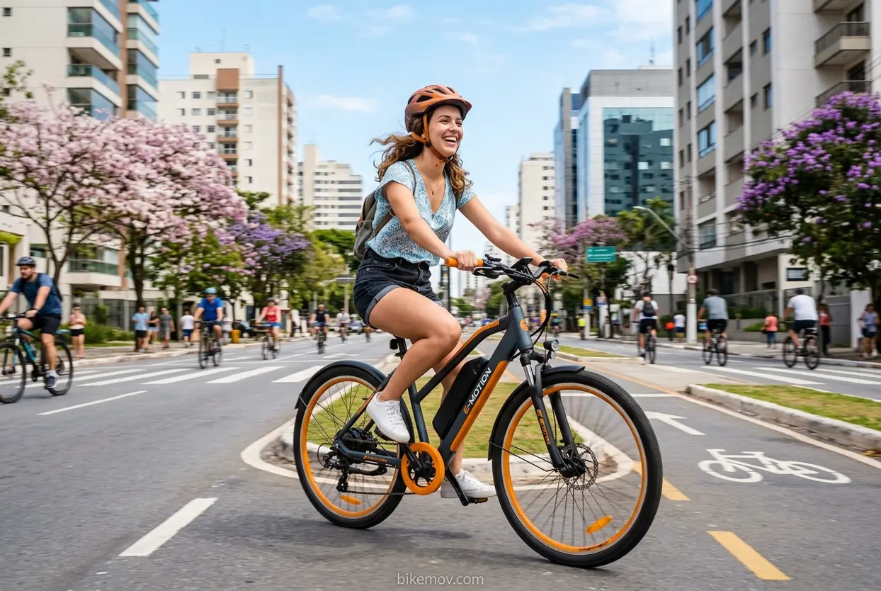 Mulher feliz pedalando bicicleta elétrica em ciclovia urbana