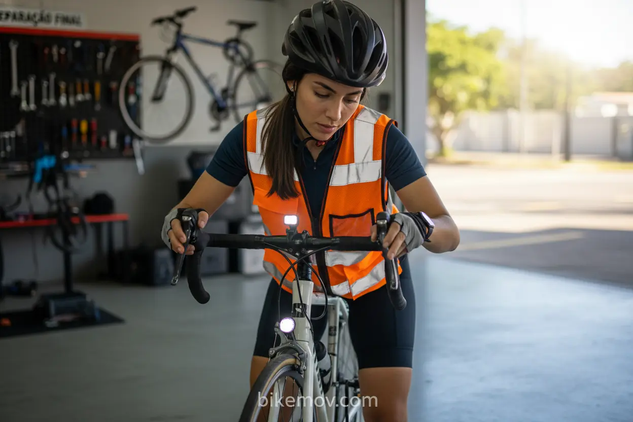 Preparação da Bicicleta para a Rua Ciclista verificando bicicleta antes de pedalar